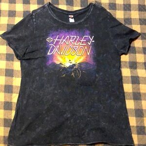 Women’s Harley Davidson Black Distressed Purple Sunrise Biker Top Shirt Blouse